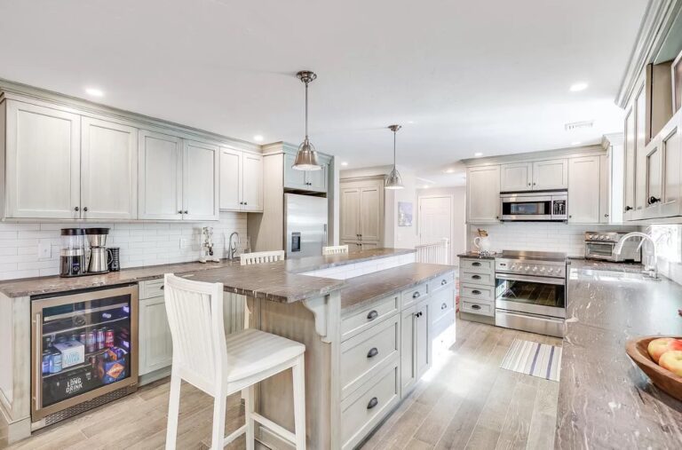 Morning sunlight illuminating a custom kitchen on Cape Cod.