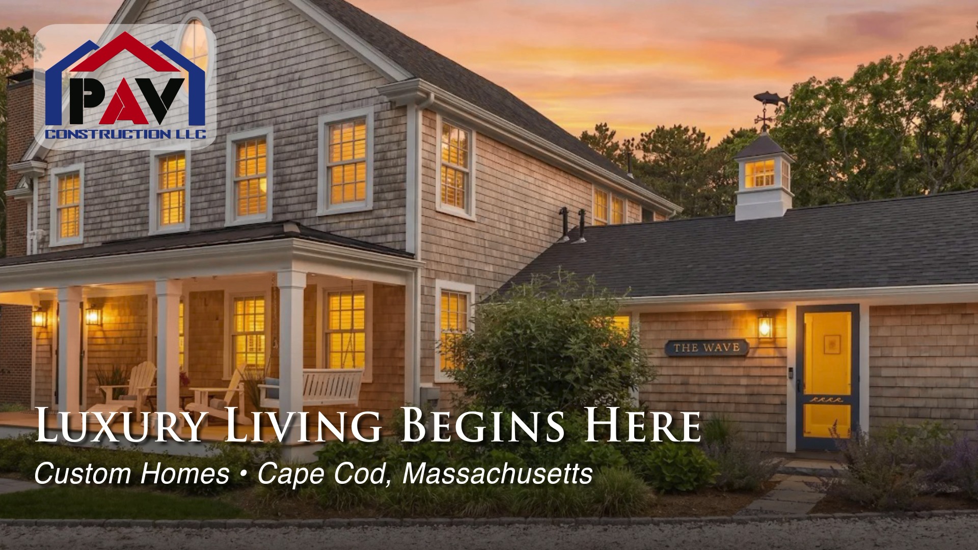 PAV Construction custom home at dusk, Cape Cod, Massachusetts